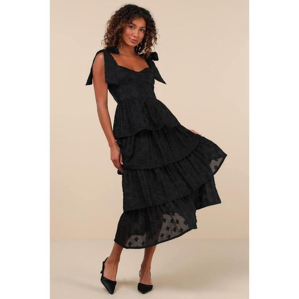 Lulus Gorgeous Excellence Black Floral Burnout Tiered Midi Dress - Size S
